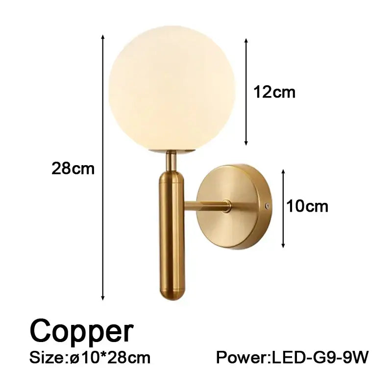 Sleek copper wall sconce lamp with frosted glass globe and cylindrical stem for corridor lighting