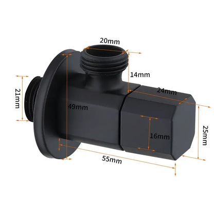 Black matte brass angled valve with threaded connections and hexagonal body for brushed gold corner valve water control tap