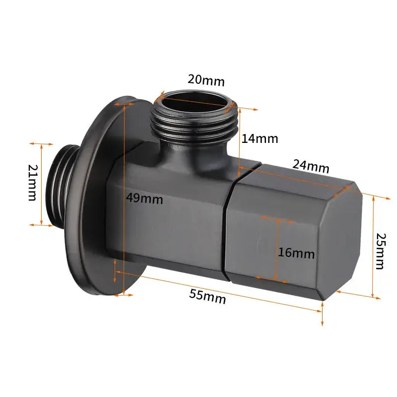 Black matte corner valve with hexagonal body and threaded connections for brushed gold water control bathroom taps