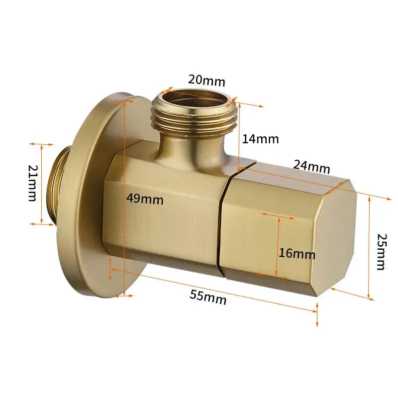 Brass-finished brushed gold corner valve bathroom tap with angular design, threaded connections, and dimensional markings