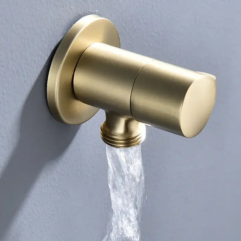 Brass-finished sleek brushed gold corner valve wall-mounted faucet with cylindrical design and flowing water control stream