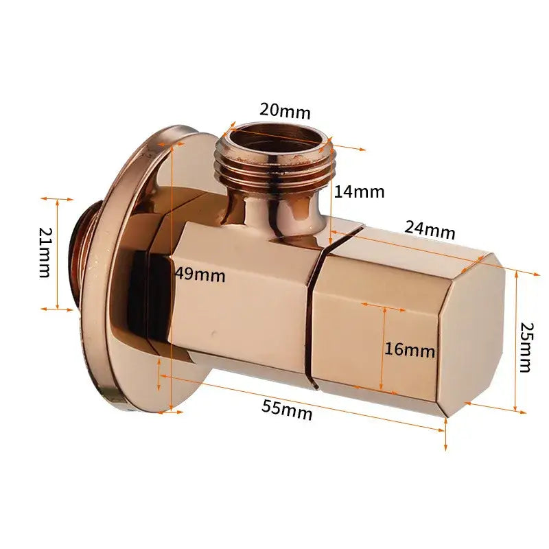 Brass-finished brushed gold corner valve bathroom tap with angular design and threaded water control connections