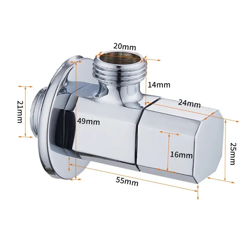 Chrome finished bathroom valve with hexagonal body and threaded connections for brushed gold corner valve water control tap