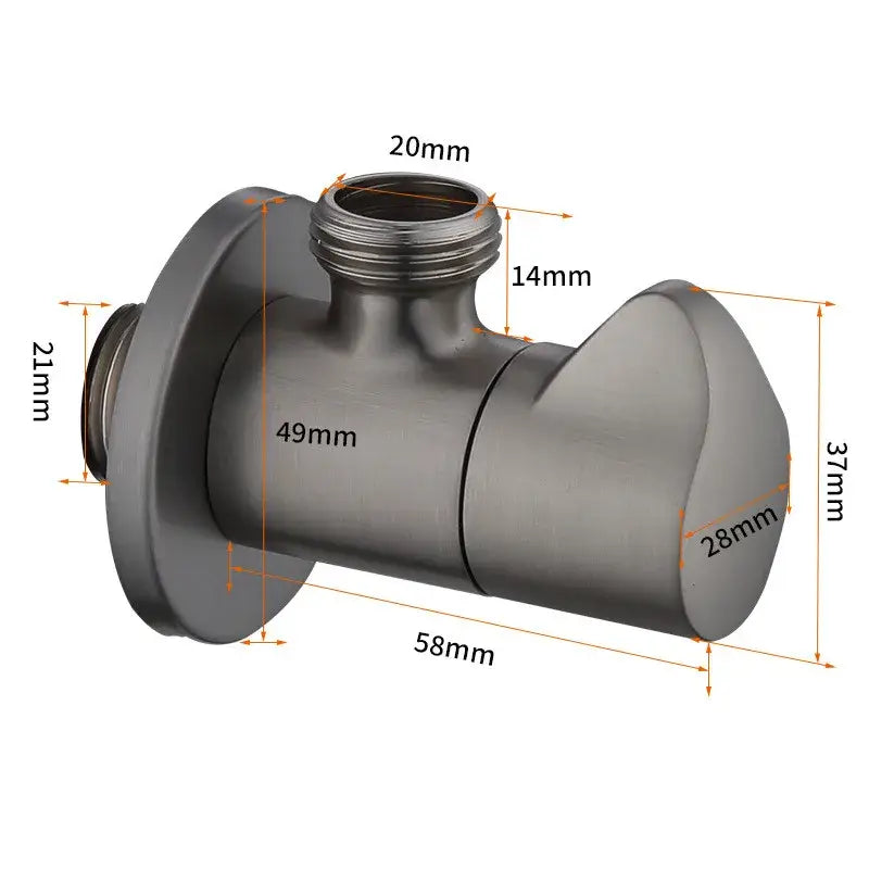 Matte black brushed metal corner valve bathroom faucet with sleek angular design for water control use