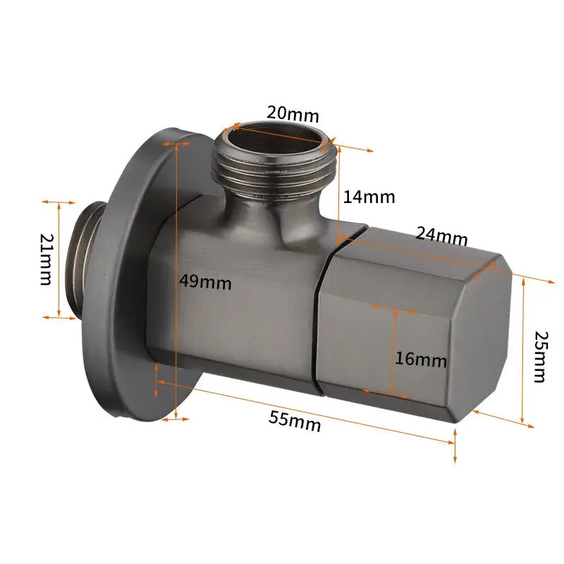 Matte black metal angle valve with threaded connections and hexagonal handle for brushed gold corner valve water control