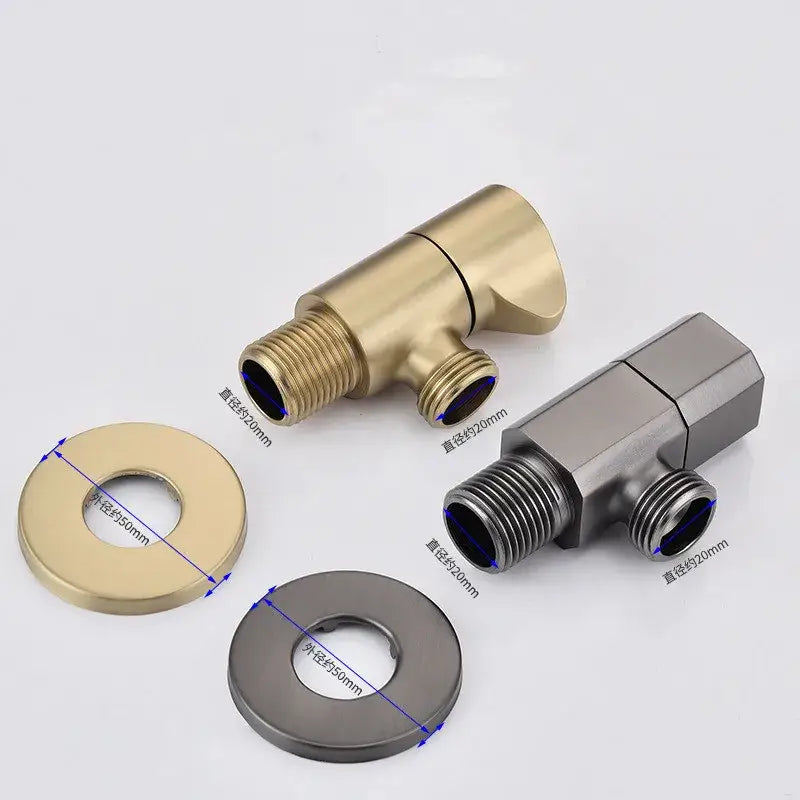 Brushed gold and silver brass-finished corner valve bathroom taps with water control and matching circular flanges