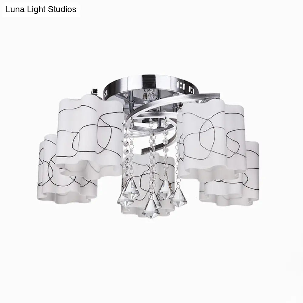 DecorBites™ DecorBites™ Sleek Chrome Ceiling Flush Mount with Frosted Glass Scalloped Semi Flush Design & Crystal Drop - 3/5 Bulbs