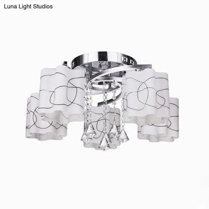 DecorBites™ DecorBites™ Sleek Chrome Ceiling Flush Mount with Frosted Glass Scalloped Semi Flush Design & Crystal Drop - 3/5 Bulbs