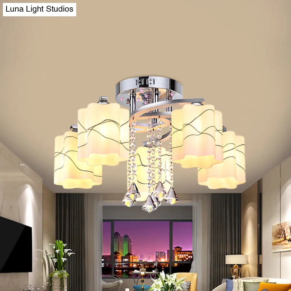 DecorBites™ DecorBites™ Sleek Chrome Ceiling Flush Mount with Frosted Glass Scalloped Semi Flush Design & Crystal Drop - 3/5 Bulbs