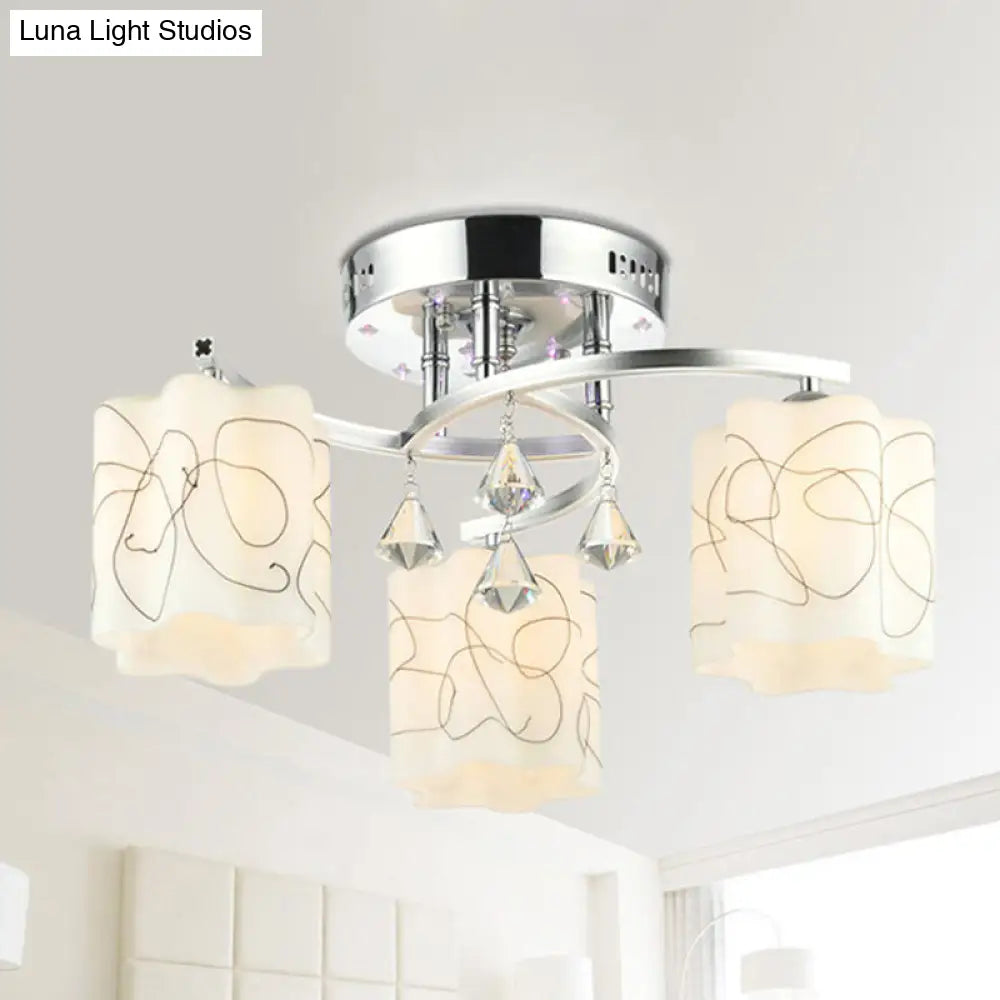 DecorBites™ DecorBites™ Sleek Chrome Ceiling Flush Mount with Frosted Glass Scalloped Semi Flush Design & Crystal Drop - 3/5 Bulbs