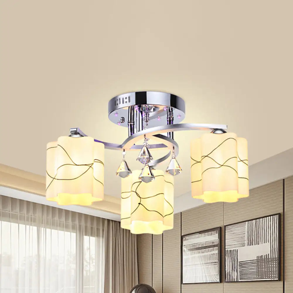 DecorBites™ DecorBites™ Sleek Chrome Ceiling Flush Mount with Frosted Glass Scalloped Semi Flush Design & Crystal Drop - 3/5 Bulbs