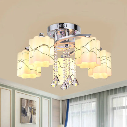 DecorBites™ DecorBites™ Sleek Chrome Ceiling Flush Mount with Frosted Glass Scalloped Semi Flush Design & Crystal Drop - 3/5 Bulbs