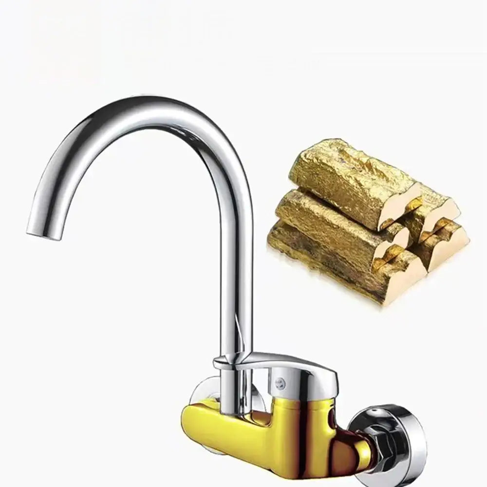 Sleek chrome curved spout single lever kitchen faucet with vibrant yellow base and handle, gold metallic bars in background