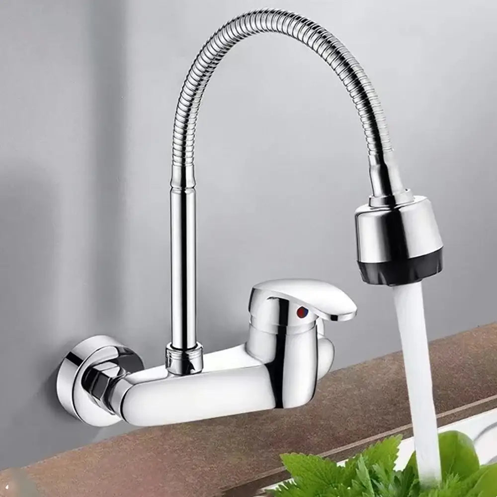Sleek chrome single lever kitchen faucet with flexible ribbed gooseneck spout and adjustable spray head with black grip