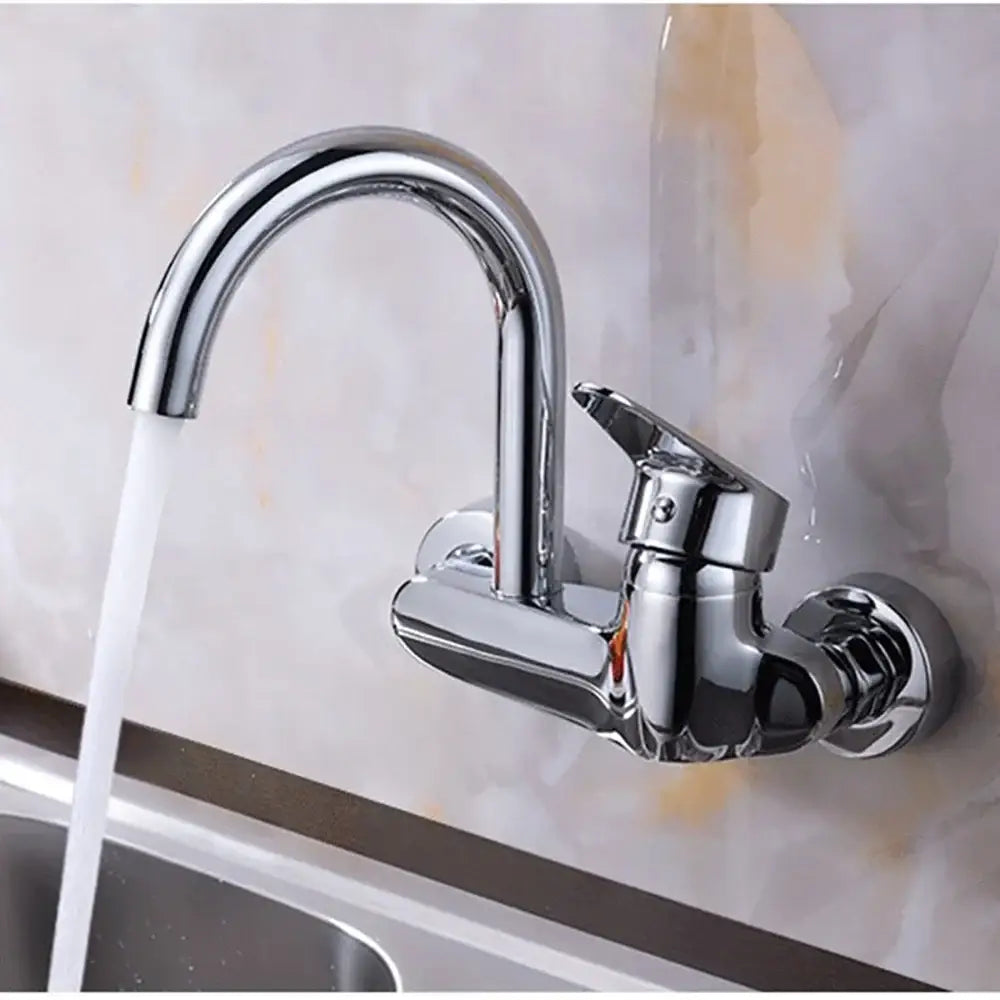Sleek chrome wall-mounted kitchen faucet with curved spout and single lever handle for modern kitchen use
