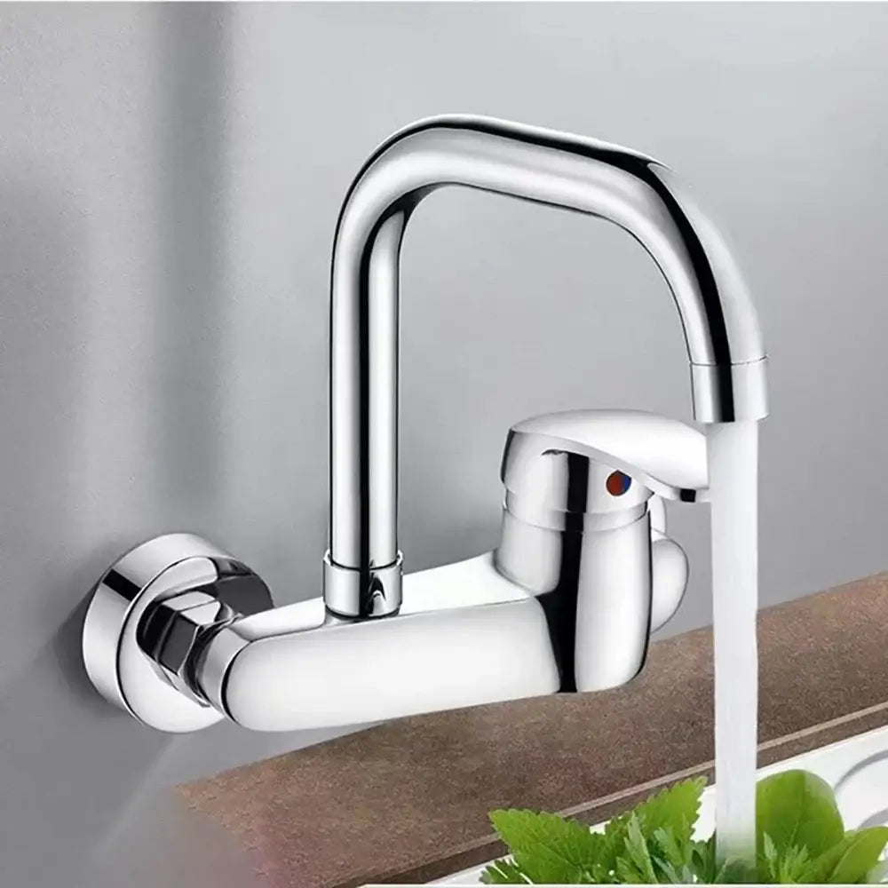 Sleek chrome curved spout single lever wall-mounted kitchen faucet with a polished finish and ergonomic design