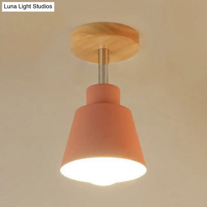 DecorBites™ DecorBites™ Sleek Conic Bedroom Pendant Light: Contemporary Metal, Gray/Pink Ceiling Lighting with Wooden Canopy
