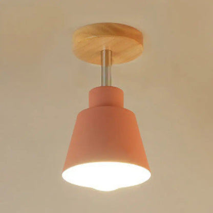 DecorBites™ DecorBites™ Sleek Conic Bedroom Pendant Light: Contemporary Metal, Gray/Pink Ceiling Lighting with Wooden Canopy