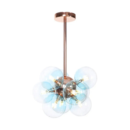 Sleek Copper Ceiling Mounted Globe Semi Flush Light with Minimalist White/Green/Blue Glass – 9 Lights