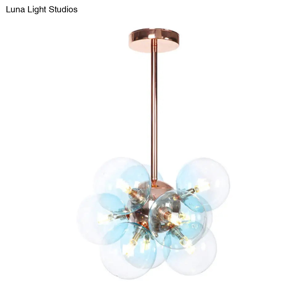 Sleek Copper Ceiling Mounted Globe Semi Flush Light with Minimalist White/Green/Blue Glass – 9 Lights