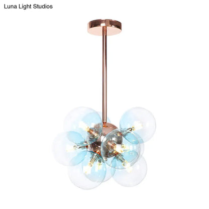 Sleek Copper Ceiling Mounted Globe Semi Flush Light with Minimalist White/Green/Blue Glass – 9 Lights