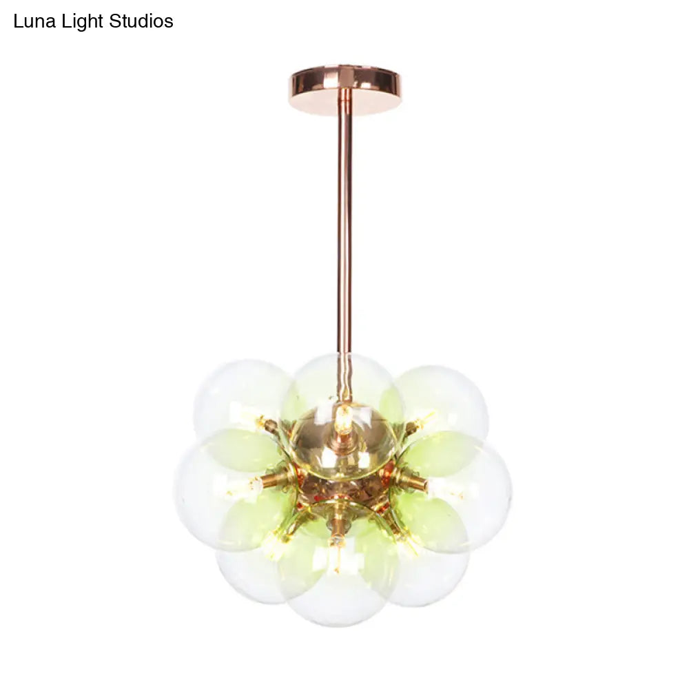 Sleek Copper Ceiling Mounted Globe Semi Flush Light with Minimalist White/Green/Blue Glass – 9 Lights