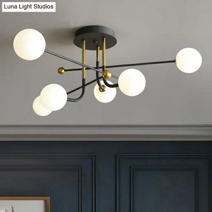 DecorBites™ DecorBites™ Sleek Cream Glass Ball Semi Mount Ceiling Light with Minimalistic Black and Brass Accents for Dining Room