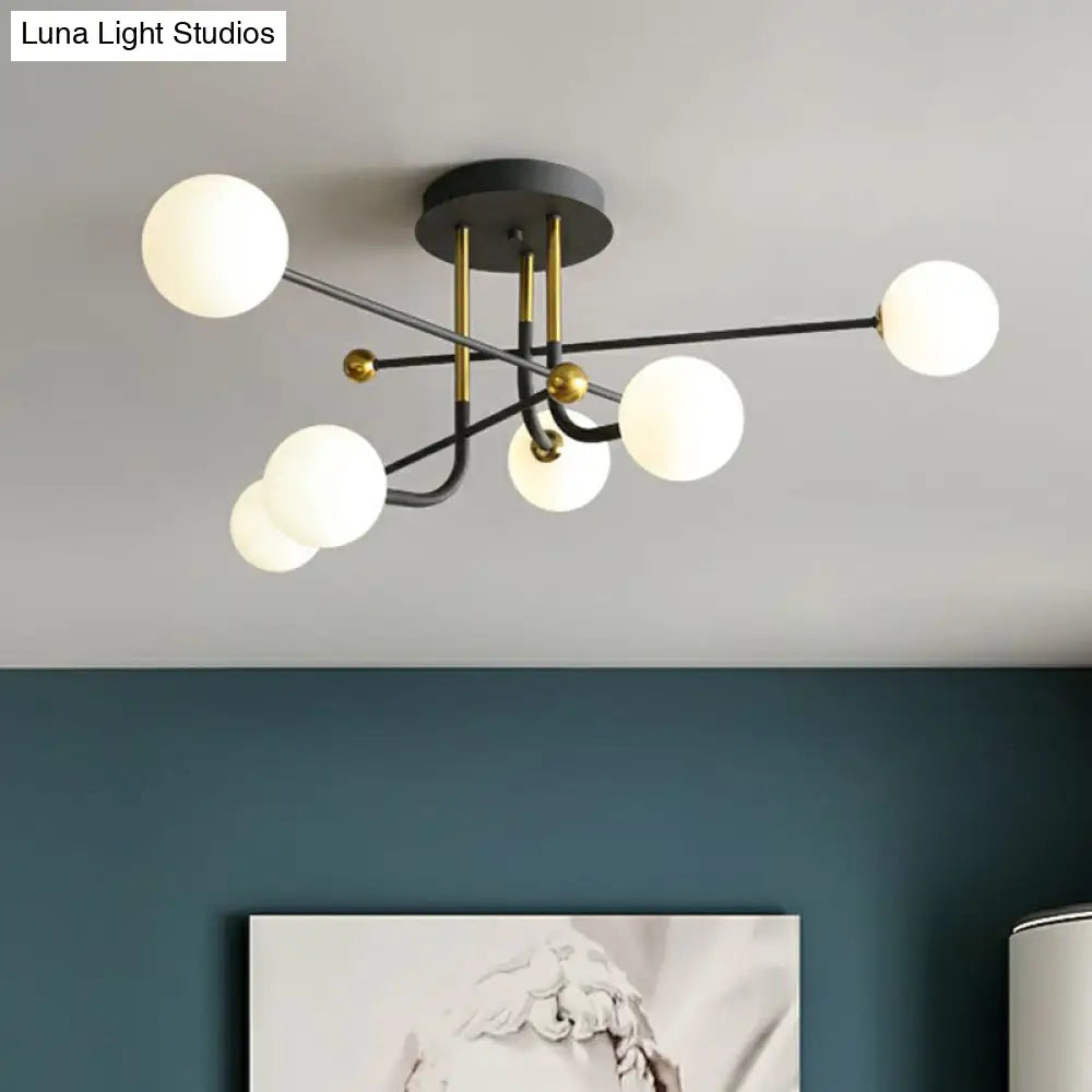 DecorBites™ DecorBites™ Sleek Cream Glass Ball Semi Mount Ceiling Light with Minimalistic Black and Brass Accents for Dining Room