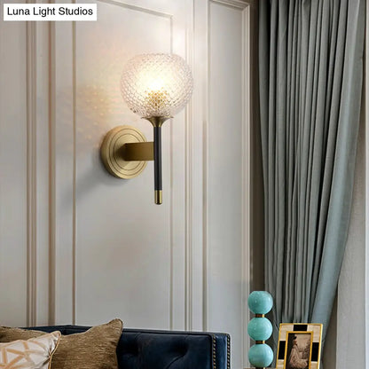 DecorBites™ DecorBites™ Sleek Glass Globe Wall Sconce: Ribbed Simplicity, Brass Finish, Wall Mounted Light Fixture