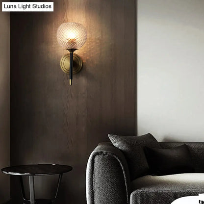 DecorBites™ DecorBites™ Sleek Glass Globe Wall Sconce: Ribbed Simplicity, Brass Finish, Wall Mounted Light Fixture