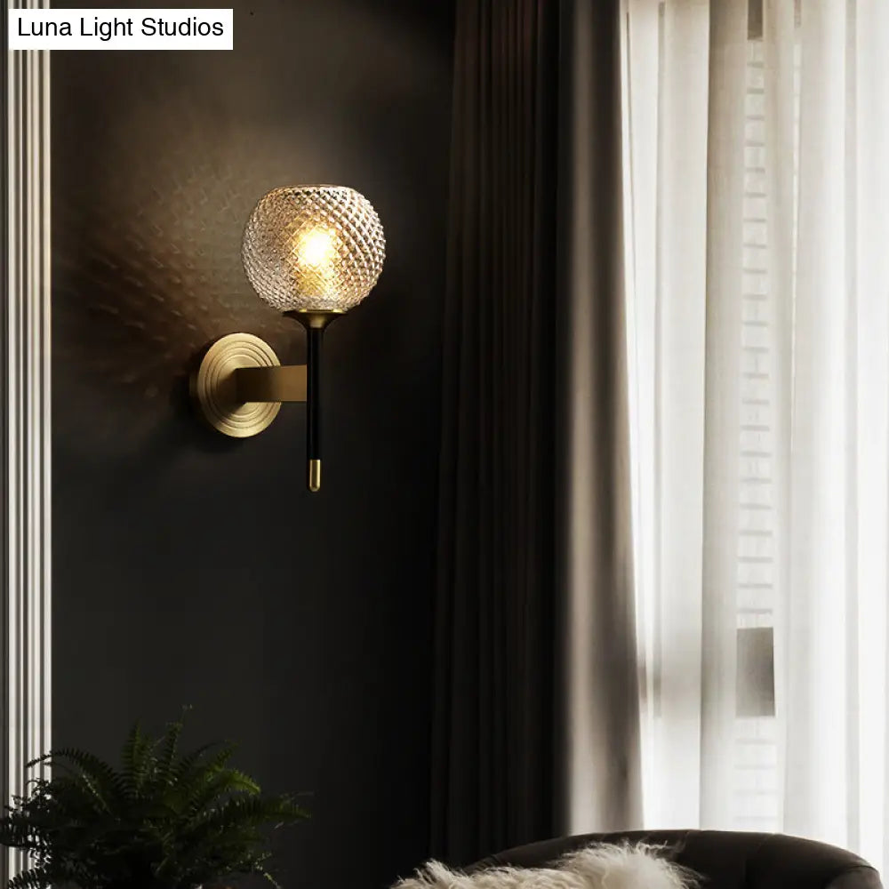 DecorBites™ DecorBites™ Sleek Glass Globe Wall Sconce: Ribbed Simplicity, Brass Finish, Wall Mounted Light Fixture