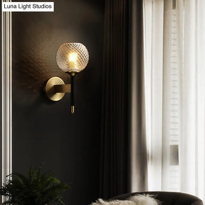 DecorBites™ DecorBites™ Sleek Glass Globe Wall Sconce: Ribbed Simplicity, Brass Finish, Wall Mounted Light Fixture