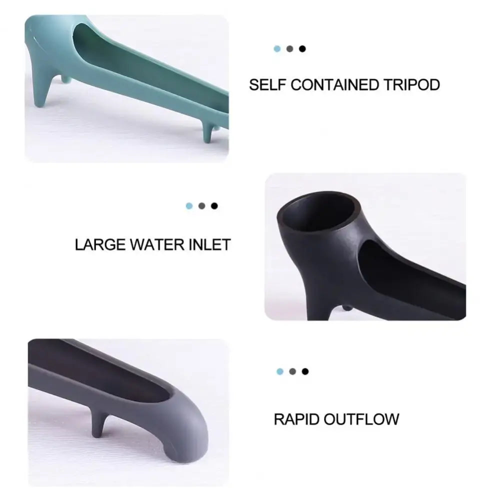Sleek gray silicone water tank deflector with teal and black self-contained tripod featuring large inlet and rapid outflow