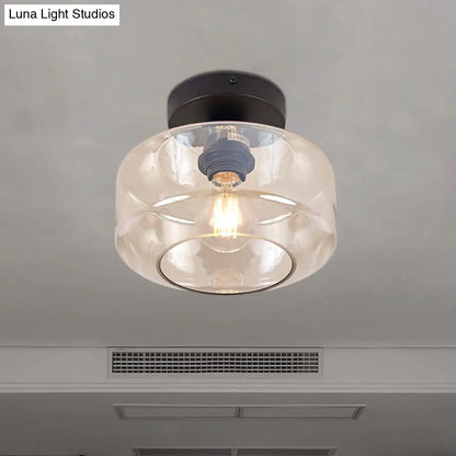 DecorBites™ DecorBites™ Sleek Industrial Drum Shade Semi Flush Light in Black with Clear/Amber Glass – Perfect for Foyer Ceiling