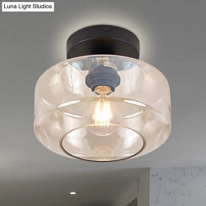 DecorBites™ DecorBites™ Sleek Industrial Drum Shade Semi Flush Light in Black with Clear/Amber Glass – Perfect for Foyer Ceiling