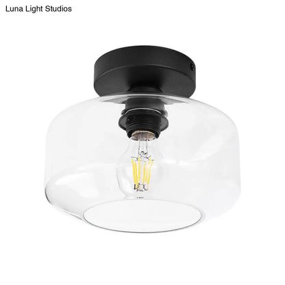 DecorBites™ DecorBites™ Sleek Industrial Drum Shade Semi Flush Light in Black with Clear/Amber Glass – Perfect for Foyer Ceiling