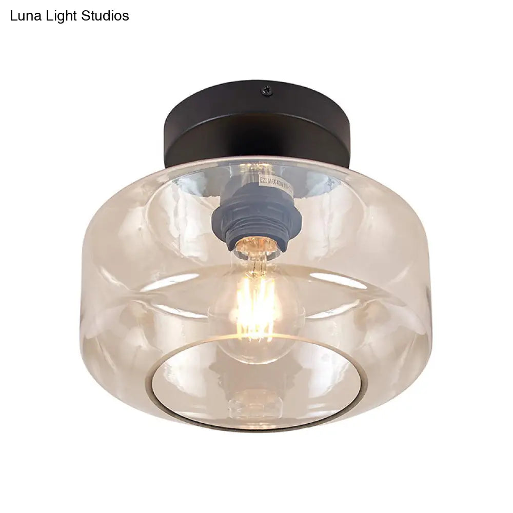 DecorBites™ DecorBites™ Sleek Industrial Drum Shade Semi Flush Light in Black with Clear/Amber Glass – Perfect for Foyer Ceiling