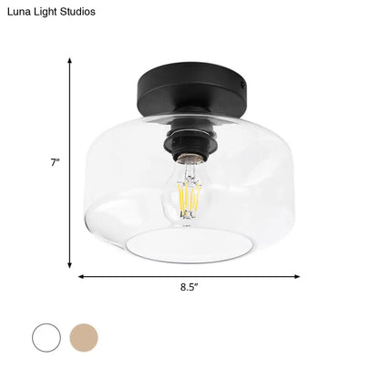 DecorBites™ DecorBites™ Sleek Industrial Drum Shade Semi Flush Light in Black with Clear/Amber Glass – Perfect for Foyer Ceiling