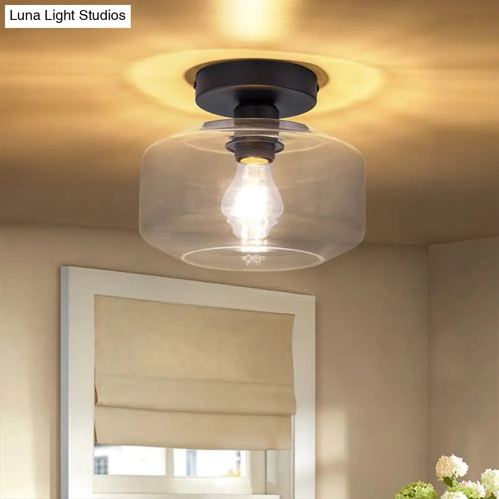 DecorBites™ DecorBites™ Sleek Industrial Drum Shade Semi Flush Light in Black with Clear/Amber Glass – Perfect for Foyer Ceiling