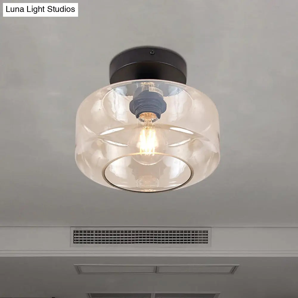 DecorBites™ DecorBites™ Sleek Industrial Drum Shade Semi Flush Light in Black with Clear/Amber Glass – Perfect for Foyer Ceiling