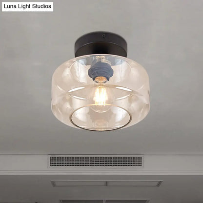 DecorBites™ DecorBites™ Sleek Industrial Drum Shade Semi Flush Light in Black with Clear/Amber Glass – Perfect for Foyer Ceiling