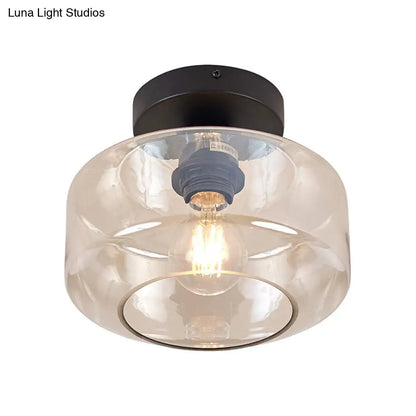 DecorBites™ DecorBites™ Sleek Industrial Drum Shade Semi Flush Light in Black with Clear/Amber Glass – Perfect for Foyer Ceiling