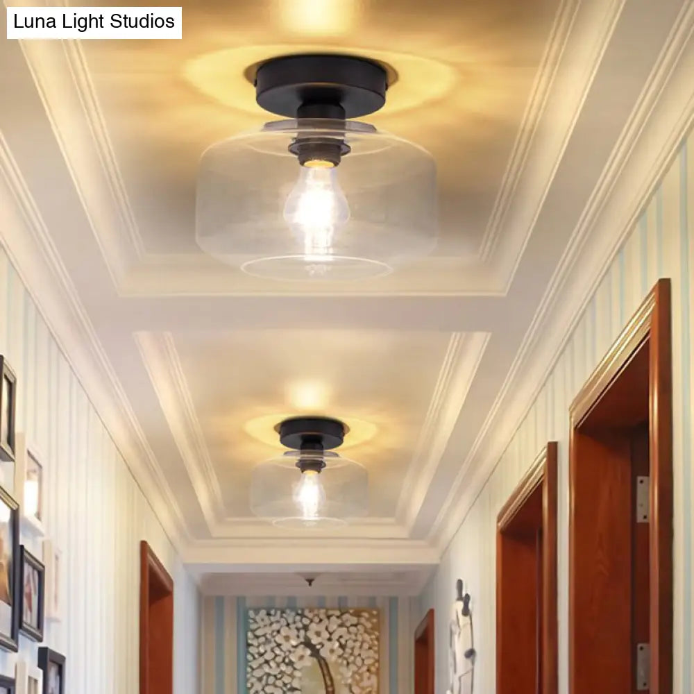 DecorBites™ DecorBites™ Sleek Industrial Drum Shade Semi Flush Light in Black with Clear/Amber Glass – Perfect for Foyer Ceiling