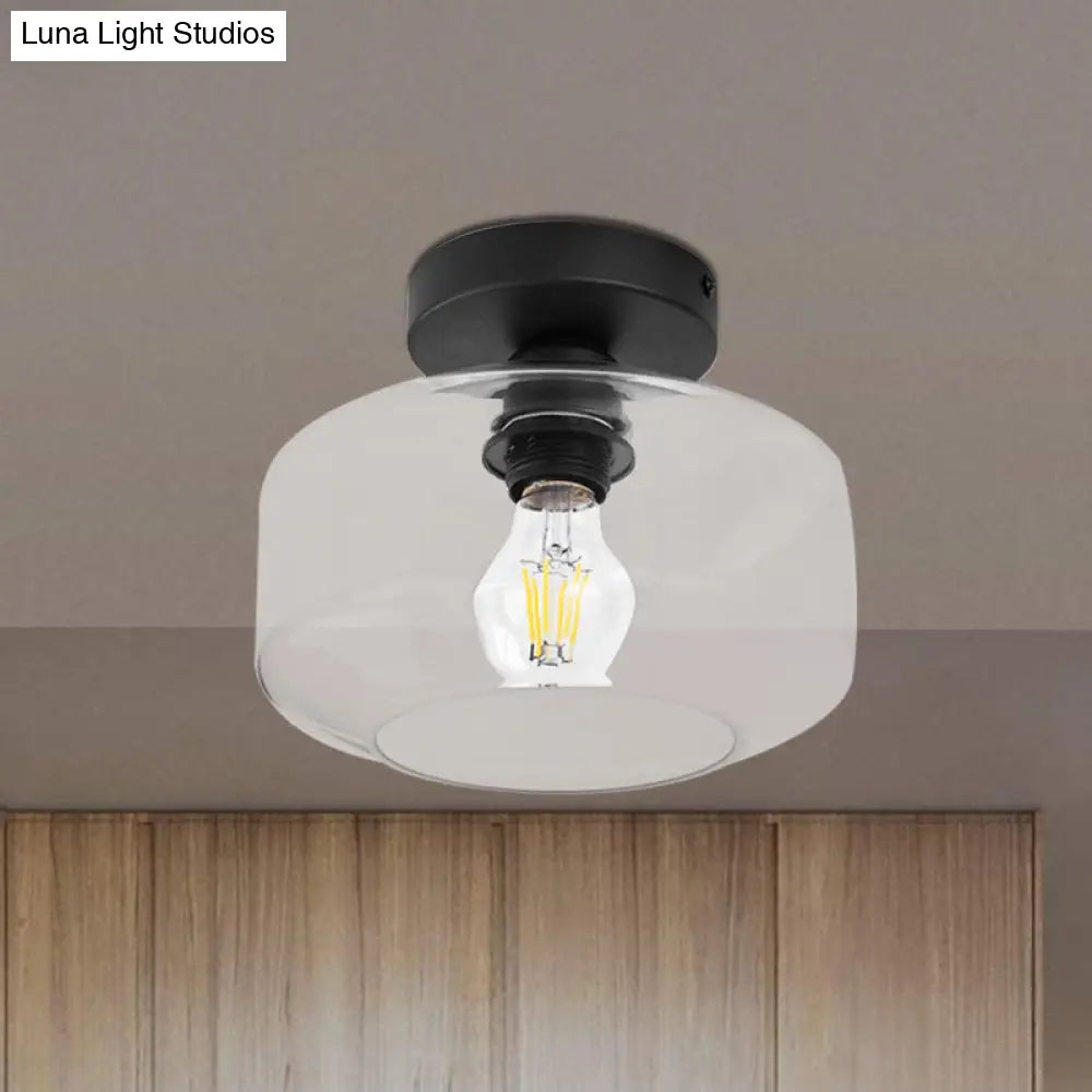 DecorBites™ DecorBites™ Sleek Industrial Drum Shade Semi Flush Light in Black with Clear/Amber Glass – Perfect for Foyer Ceiling