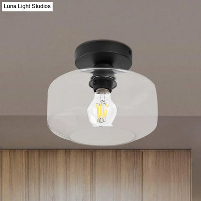 DecorBites™ DecorBites™ Sleek Industrial Drum Shade Semi Flush Light in Black with Clear/Amber Glass – Perfect for Foyer Ceiling