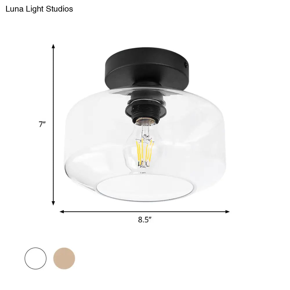 DecorBites™ DecorBites™ Sleek Industrial Drum Shade Semi Flush Light in Black with Clear/Amber Glass – Perfect for Foyer Ceiling