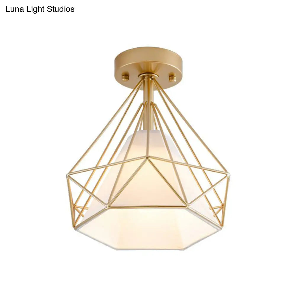 DecorBites™ DecorBites™ Sleek Iron Diamond Cage Semi Flush Ceiling Light Fixture – Ideal for Corridors and Simplicity-Loving Spaces