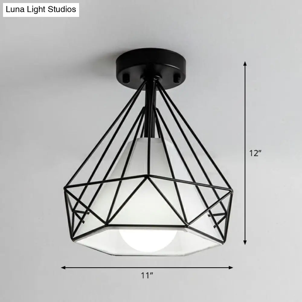 DecorBites™ DecorBites™ Sleek Iron Diamond Cage Semi Flush Ceiling Light Fixture – Ideal for Corridors and Simplicity-Loving Spaces