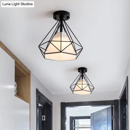 DecorBites™ DecorBites™ Sleek Iron Diamond Cage Semi Flush Ceiling Light Fixture – Ideal for Corridors and Simplicity-Loving Spaces