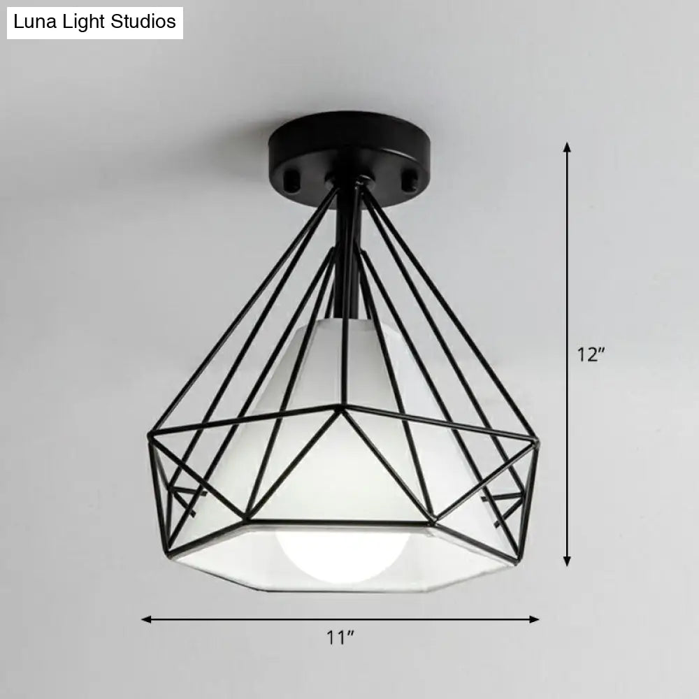 DecorBites™ DecorBites™ Sleek Iron Diamond Cage Semi Flush Ceiling Light Fixture – Ideal for Corridors and Simplicity-Loving Spaces